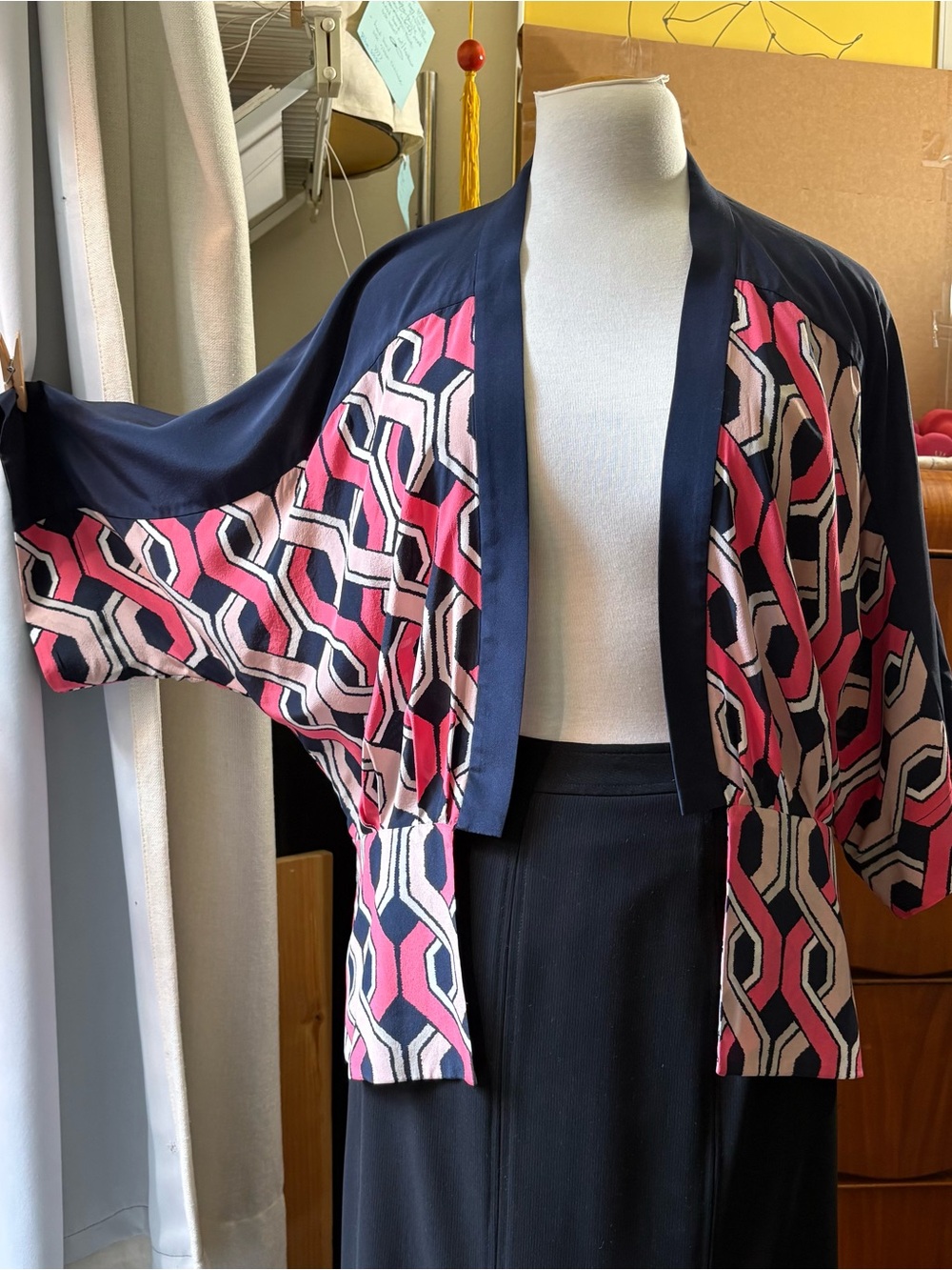 Silk Trina Open-Front modern Kimono, geometric pattern, navy & pink tones, S